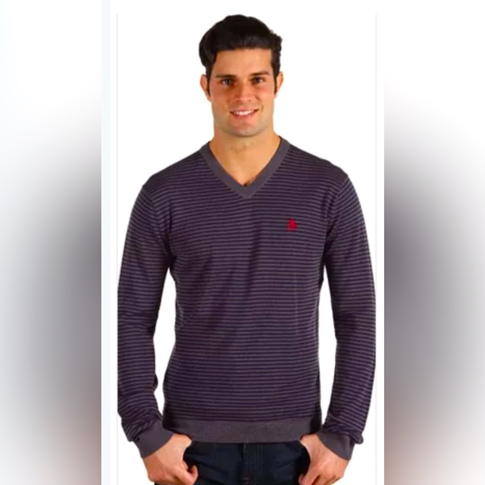 Penguin Original Long Sleeve Striped V-Neck Shirt in Navy Blue Size XL